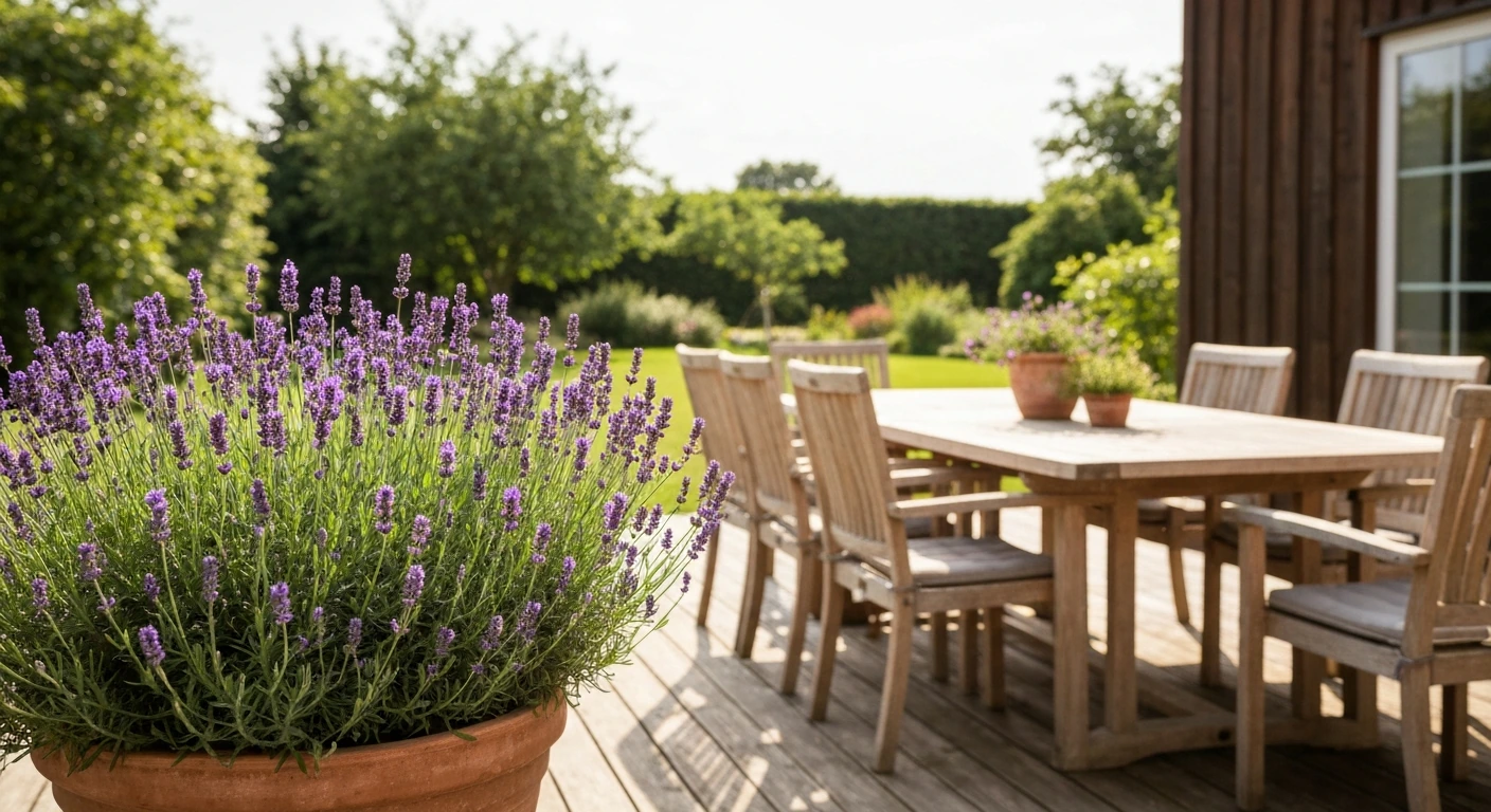 Gemütliche deutsche Terrasse mit Holzmöbeln und Lavendel im Sommer