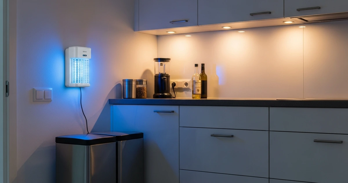 UV-Insektenfänger mit blauem Licht an Küchenwand – diskrete Dauerbekämpfung ohne Chemie