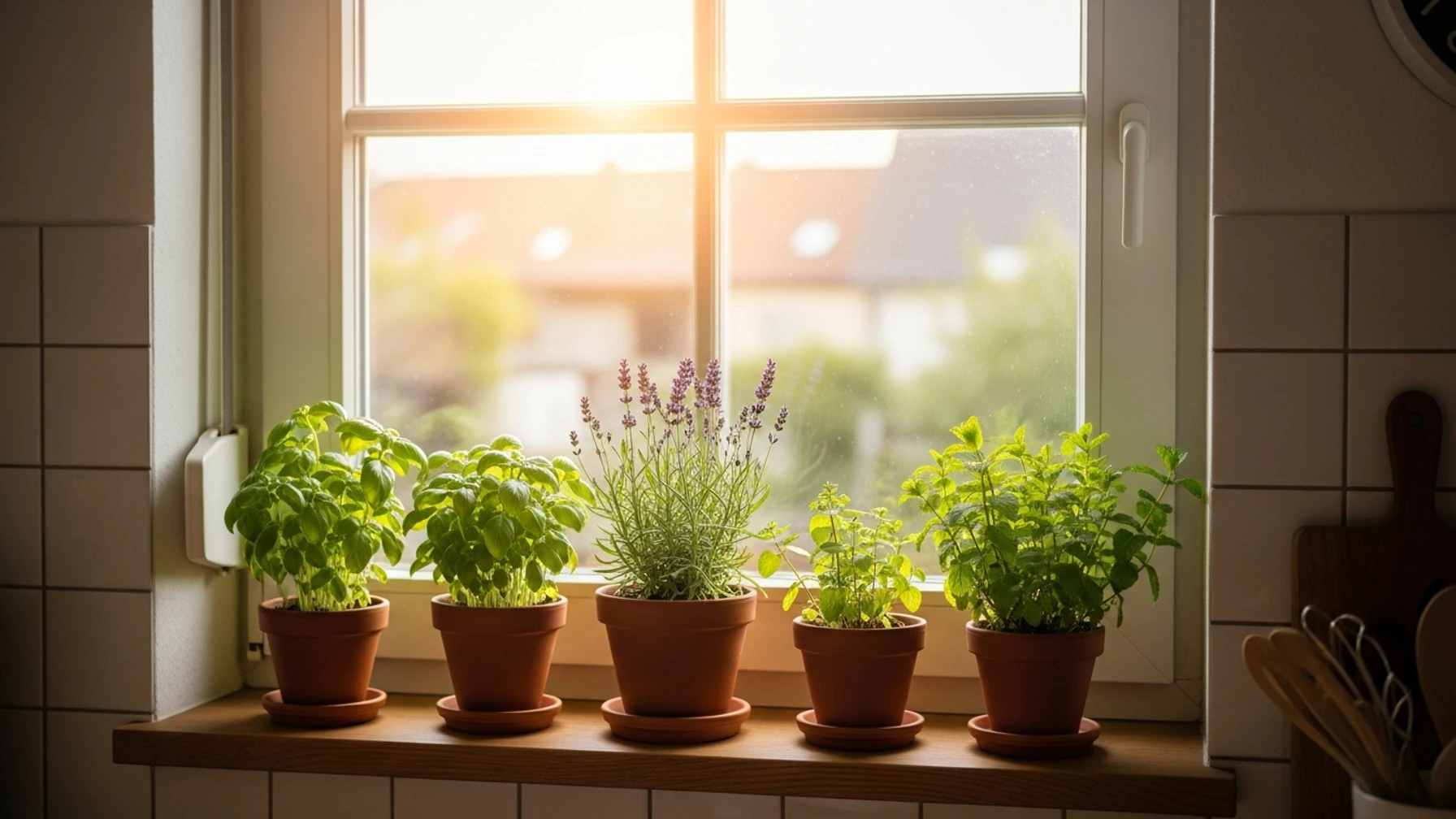 Natürliche Hausmittel gegen Fliegen – Lavendel, Basilikum und Minze auf der Fensterbank