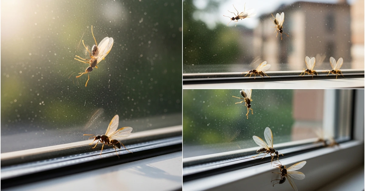 Geflügelte Ameisen sammeln sich an einem Innenfenster – Zeichen für ein aktives Nest im Gebäude
