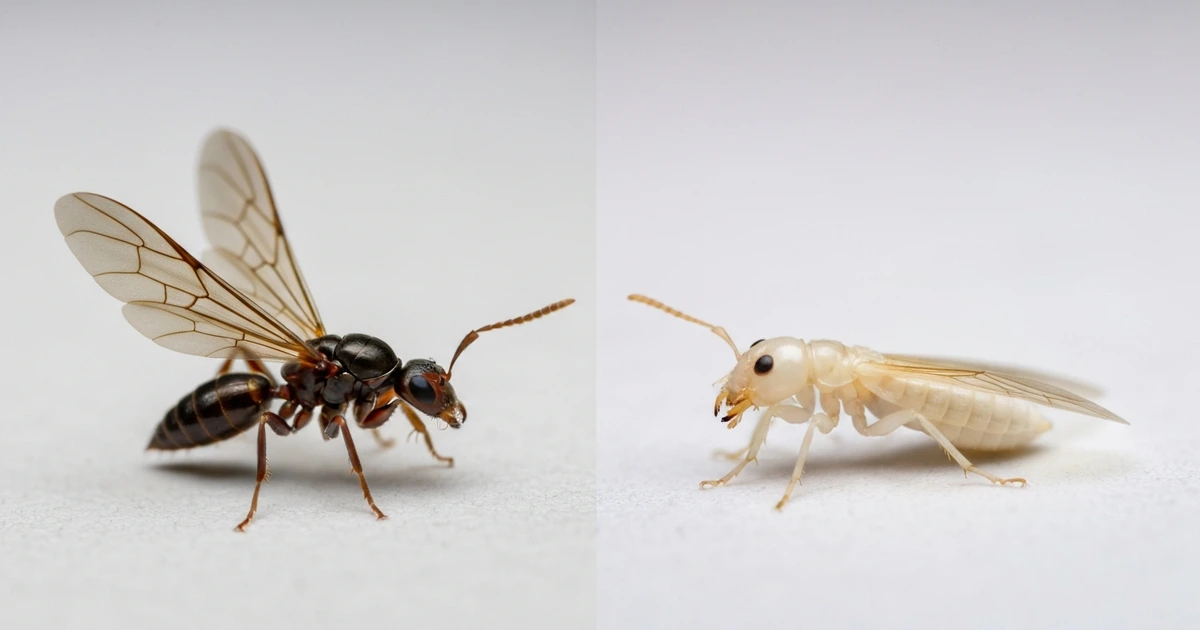 Geflügelte Ameise links und Termite rechts im direkten Vergleich – Taillierung und Flügellänge als Erkennungsmerkmale