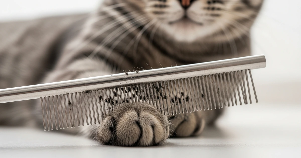 Katze wird mit feinem Flohkamm untersucht – schwarze Flohkotpartikel sind sichtbar