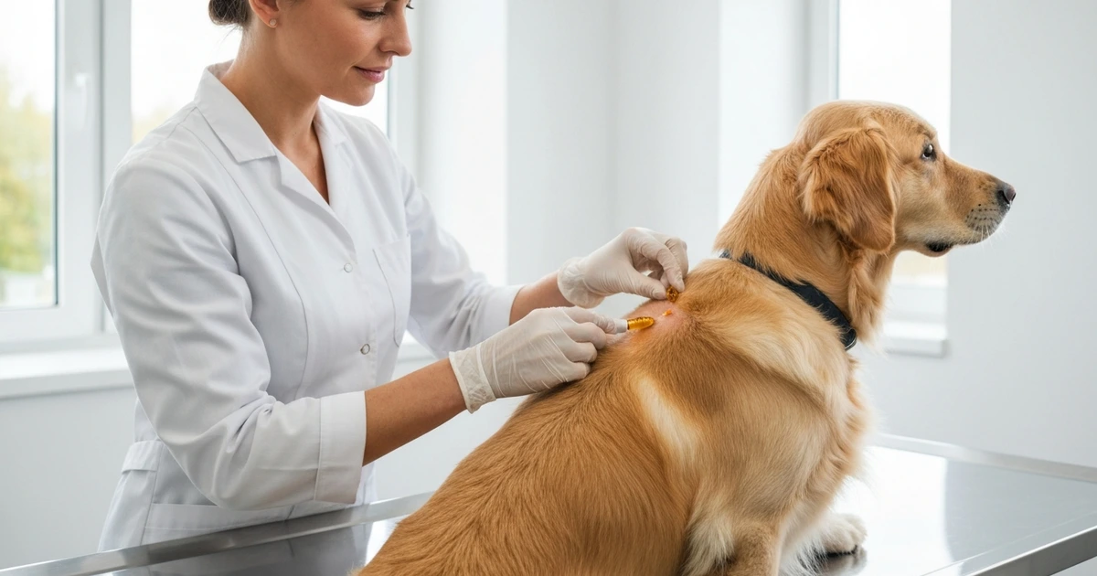 Tierarzt behandelt Hund mit Spot-On-Flohpräparat am Nacken
