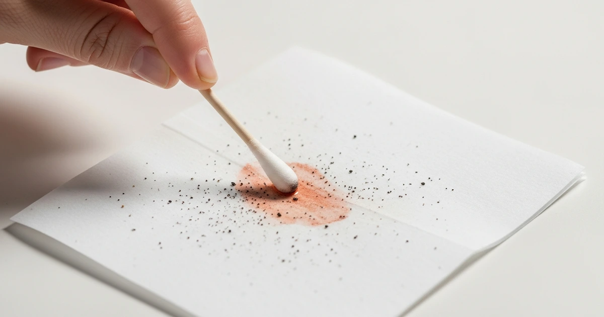 Flohkot-Test: Dunkle Partikel auf weißem Papier werden mit Wasser befeuchtet und färben sich rötlich