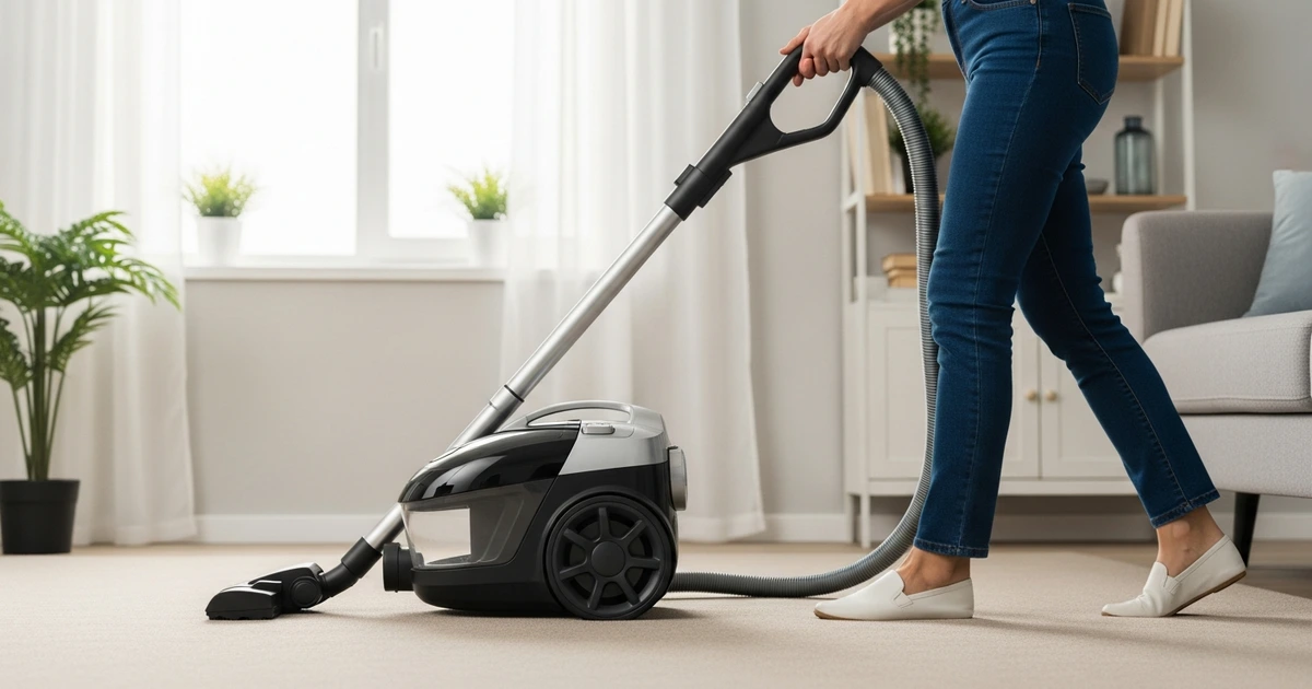 Staubsauger wird gründlich über Teppich und Sockelleisten geführt – wichtiger Schritt bei Flohbekämpfung