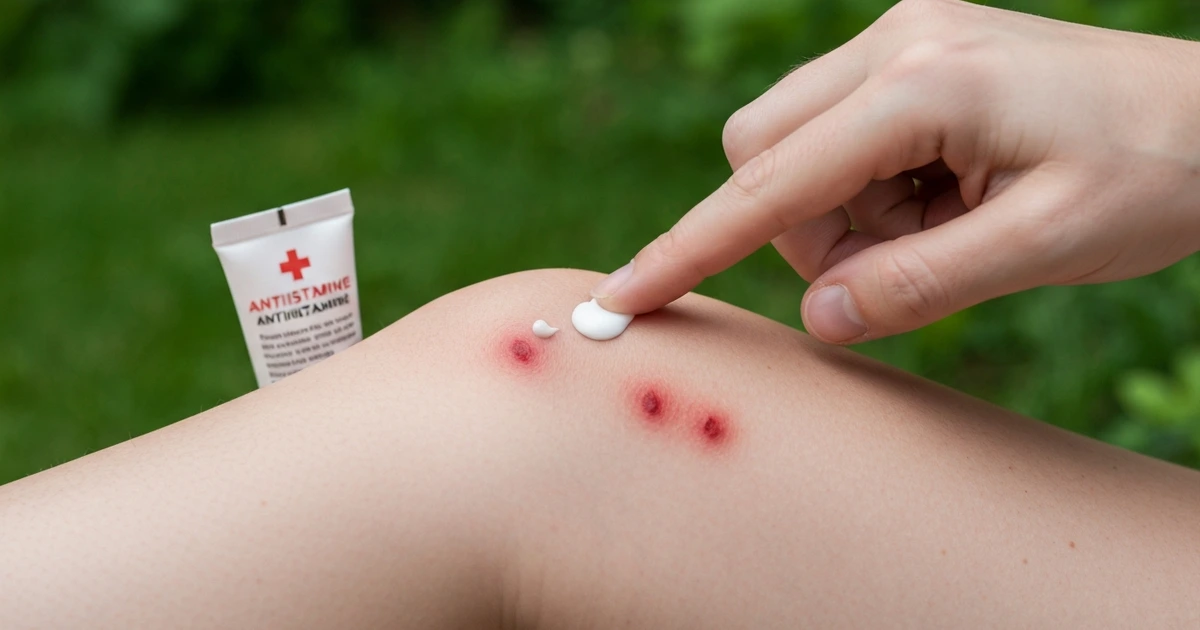 Behandlung von Flohstichen mit Antihistamin-Creme und Kühlpack – Reduktion von Juckreiz und Schwellung