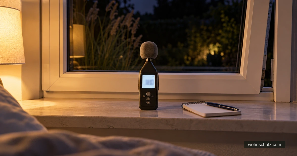 Digitaler Schallpegelmesser auf der Fensterbank am geöffneten Fenster in der Nacht, draußen dunkel ein Garten