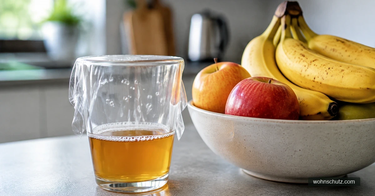 Selbstgebaute Fruchtfliegenfalle aus einem Glas mit Apfelessig, abgedeckt mit gelochter Frischhaltefolie, daneben eine Obstschale
