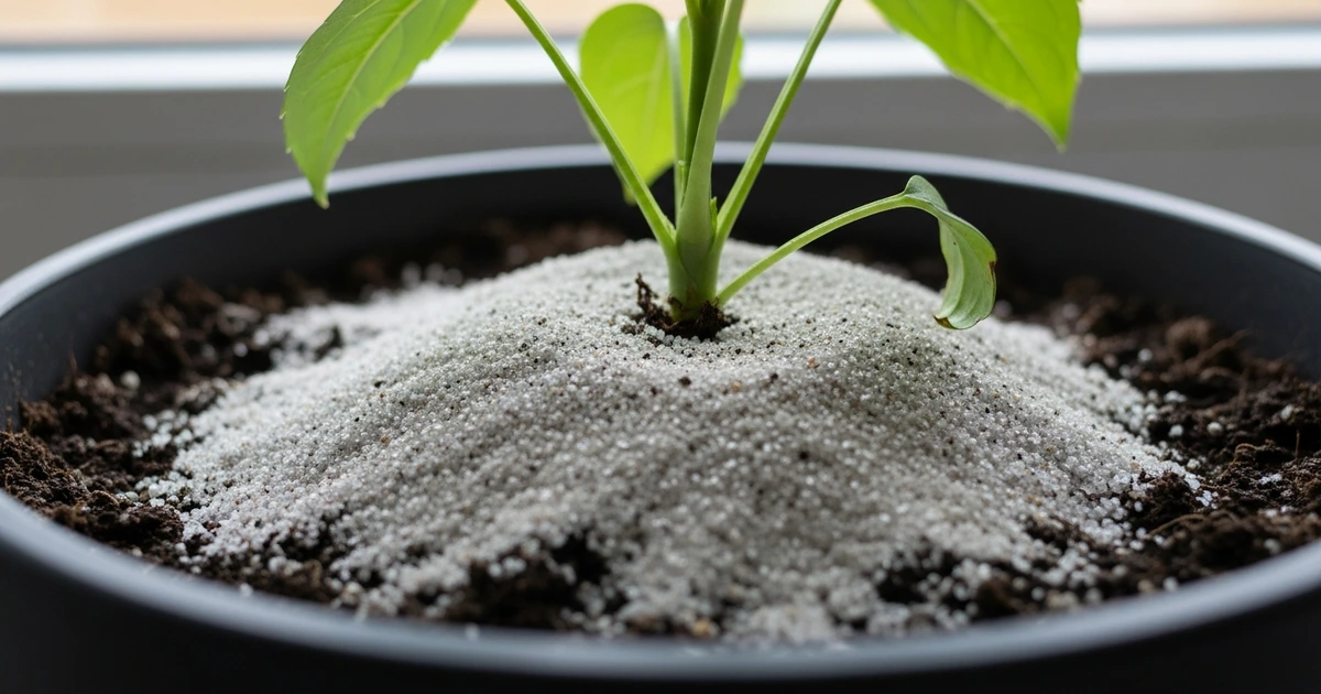 Quarzsand-Schicht über Blumenerde im Topf – verhindert Trauermücken-Eiablage