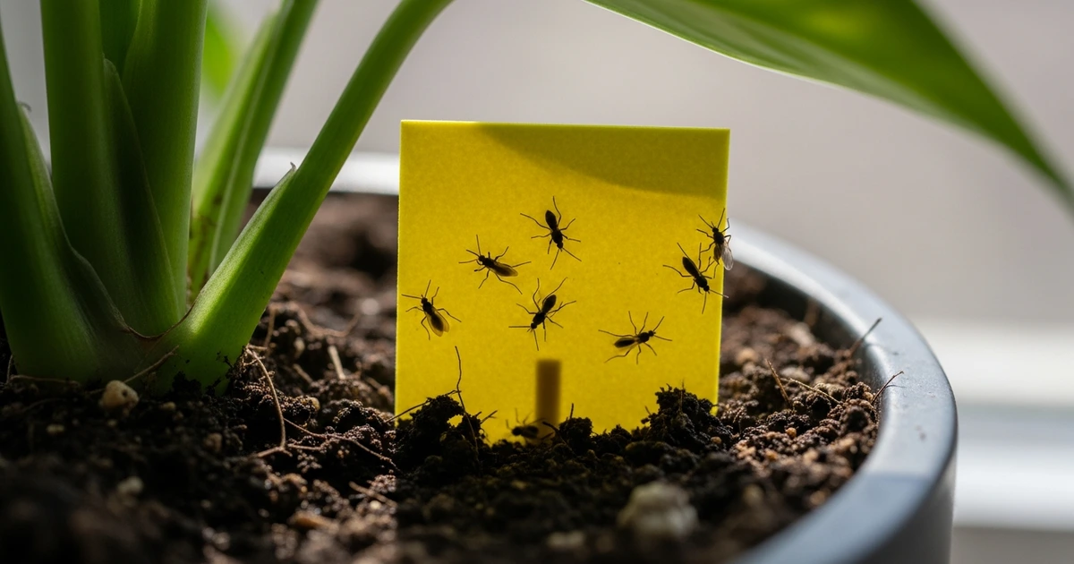 Gelbe Klebefallen im Blumentopf gegen Trauermücken
