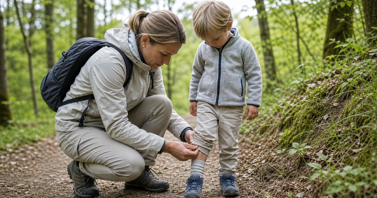 Familie kontrolliert nach Waldspaziergang Kleidung auf Zecken