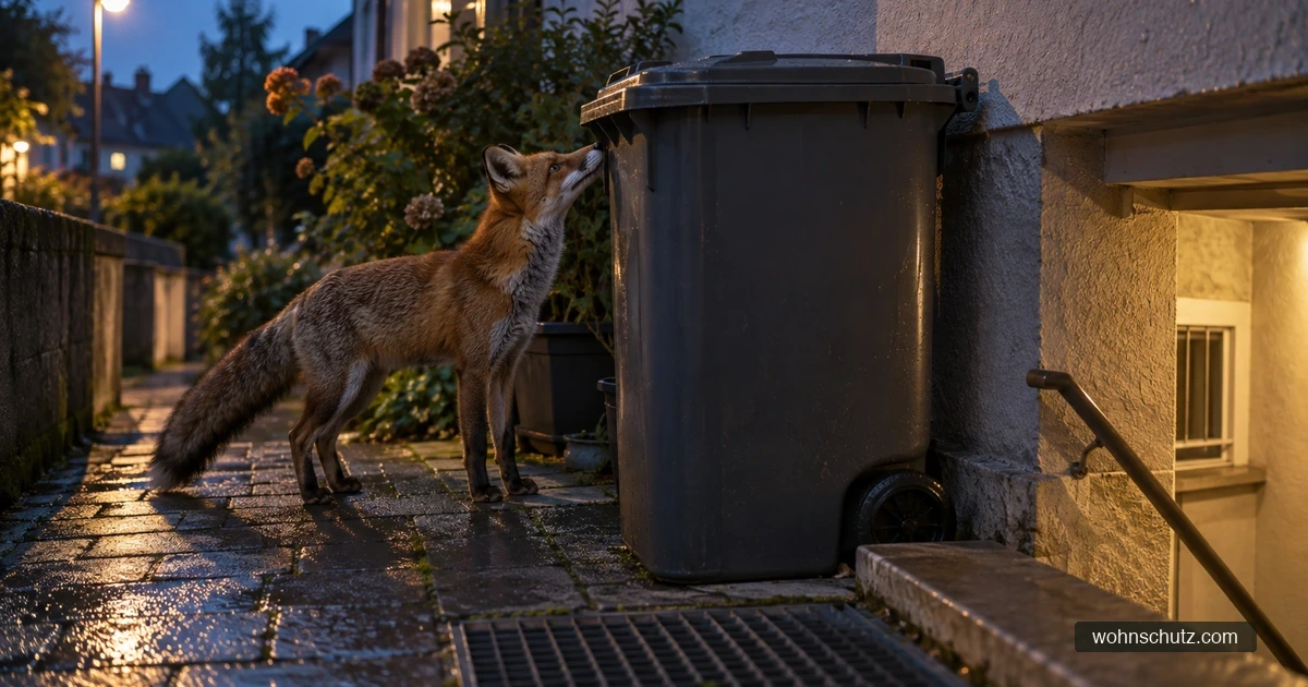 Rotfuchs schnuppert in der Dämmerung an einer Mülltonne neben einer Hauswand