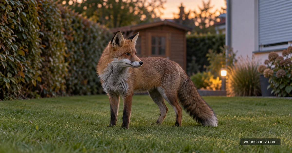 Rotfuchs steht in der Dämmerung auf einem Rasen vor einer Buchenhecke und einem Gartenschuppen