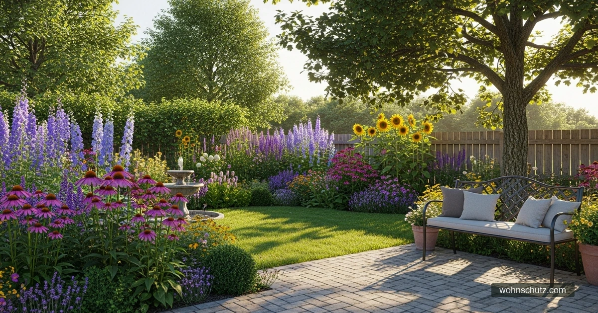 Naturnah gestalteter Garten am Haus mit Staudenbeet, Rasenfläche und gemütlichem Sitzplatz im Sommer