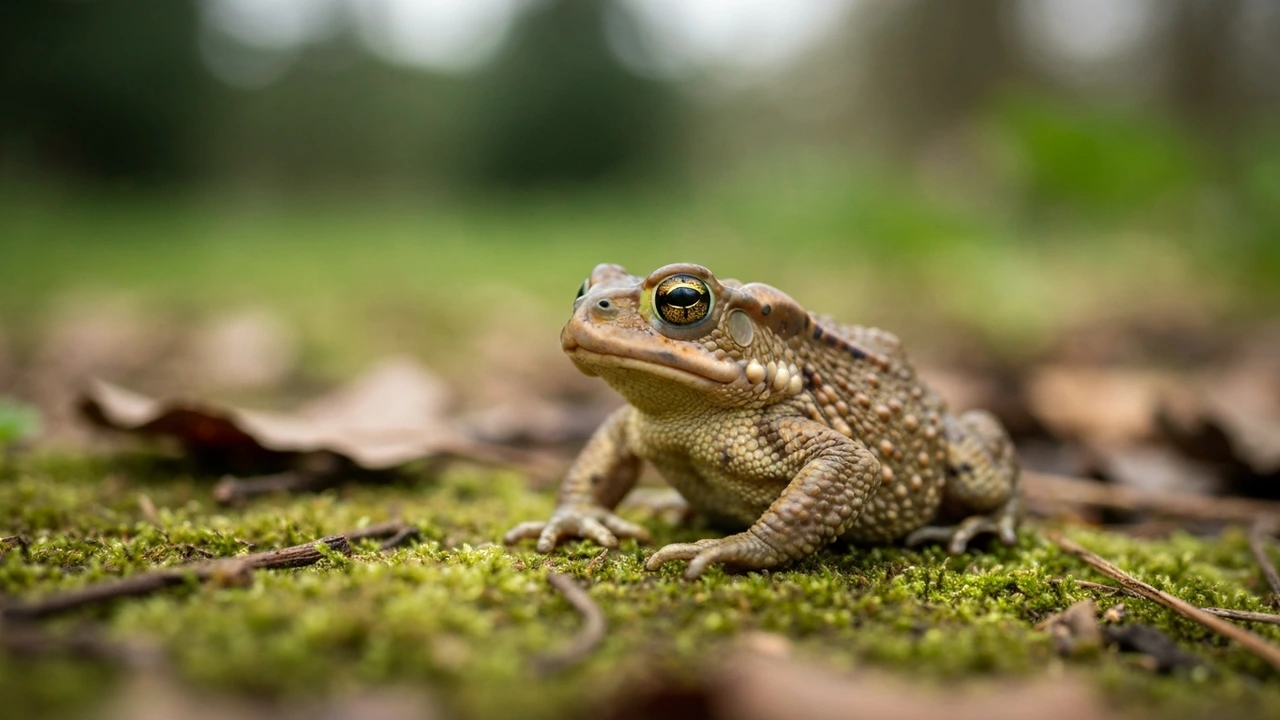 Erdkröte (Bufo bufo) auf Moos im deutschen Garten – besonders geschützt nach BNatSchG