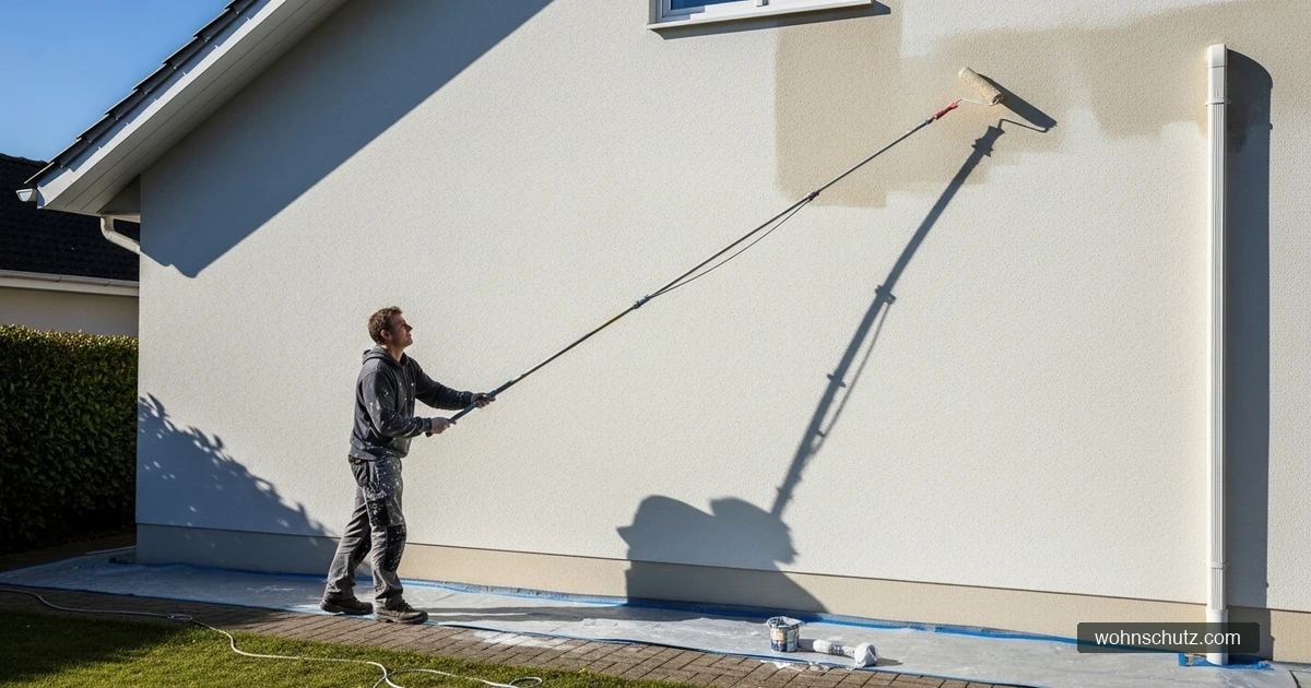 Handwerker streicht eine verputzte Fassade mit einer Rolle und einer Fassadenfarbe mit Algenschutz neu