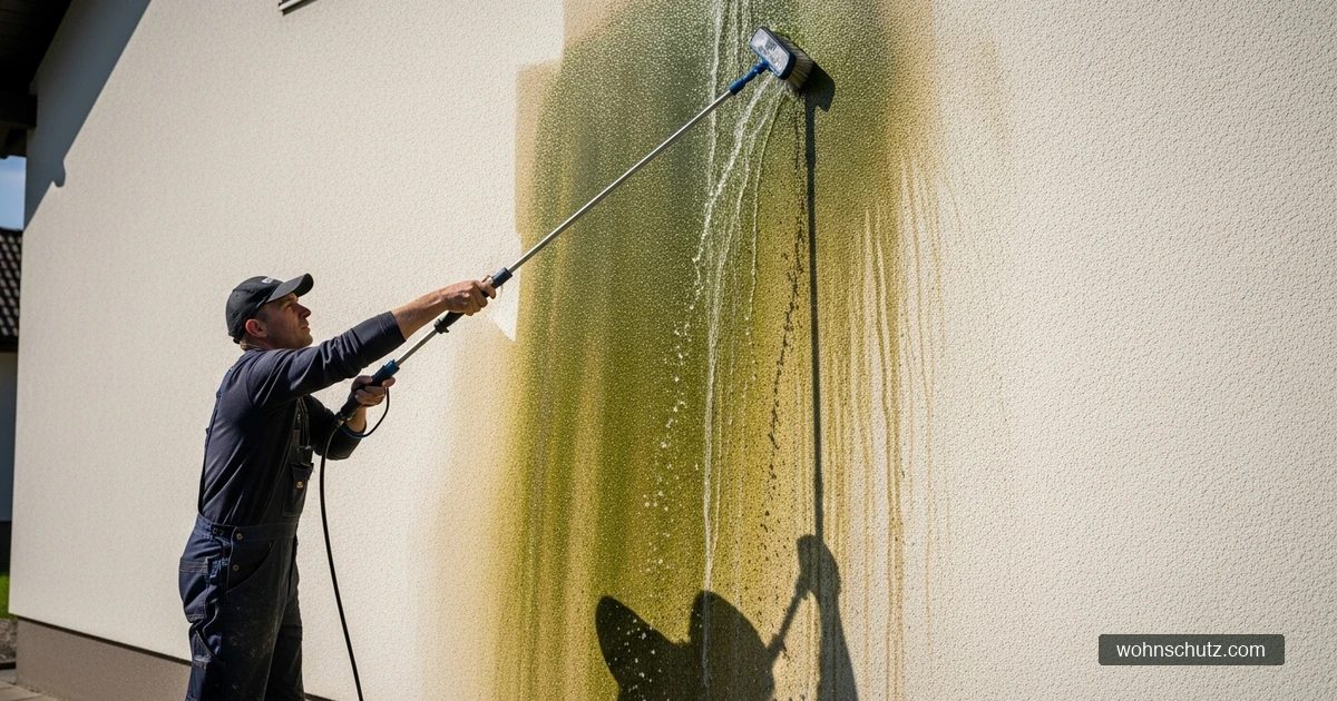 Person reinigt eine verputzte Hauswand mit einer weichen Teleskop-Waschbürste und Wasser von grünem Algenbelag
