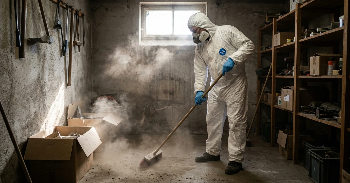 Schutzausrüstung für sichere Kellerreinigung – FFP2-Maske, Nitrilhandschuhe und Desinfektionsmittel