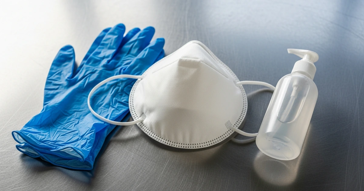 Schutzausrüstung für Hantavirus-Prävention – FFP2-Maske, Nitrilhandschuhe und Desinfektionsmittel