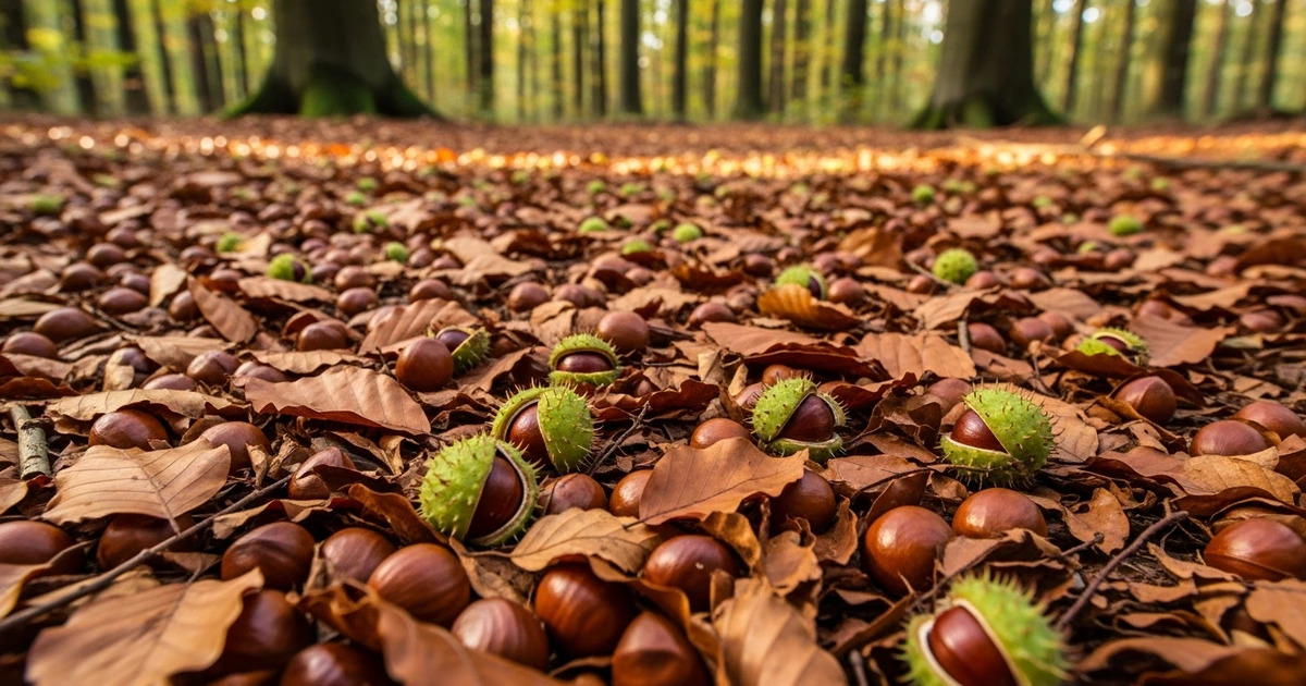 Bucheckern und Laub auf dem Waldboden in Deutschland – Mastjahr erhöht Rötelmaus-Population und Hantavirus-Risiko