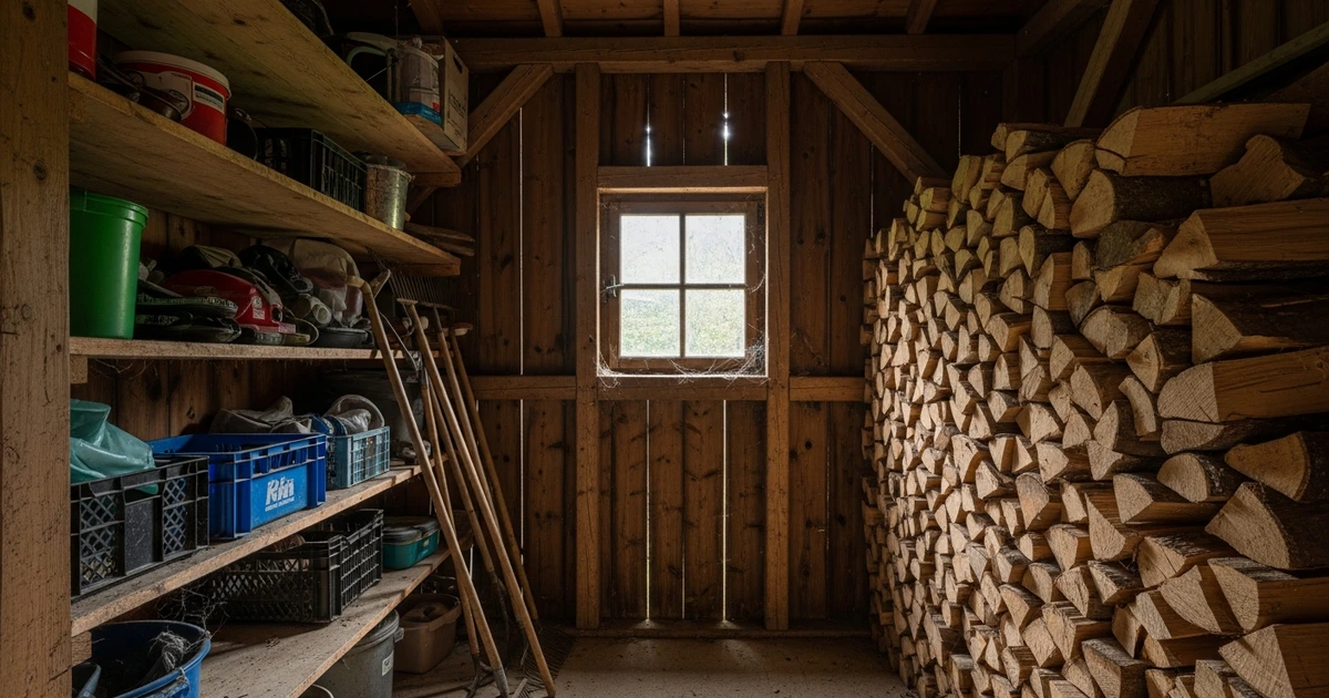 Alte deutsche Scheune mit Holzstapeln – typische Risikoumgebung für Hantavirus-Exposition