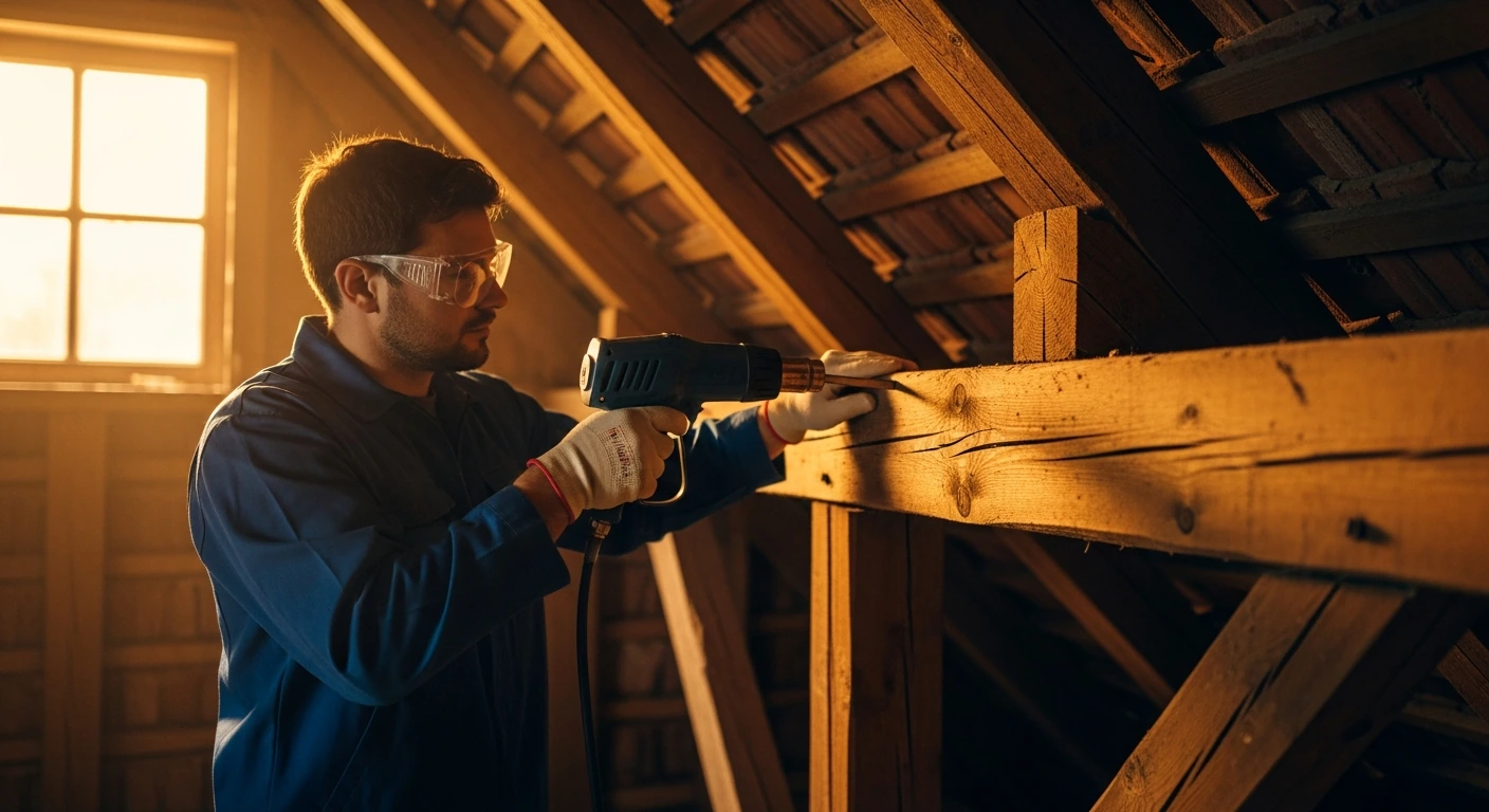 Heißluft-Bekämpfung Hausbock Dachstuhl – professionelle Warmluftdesinsektion mit Temperaturmessung im Holzbalken