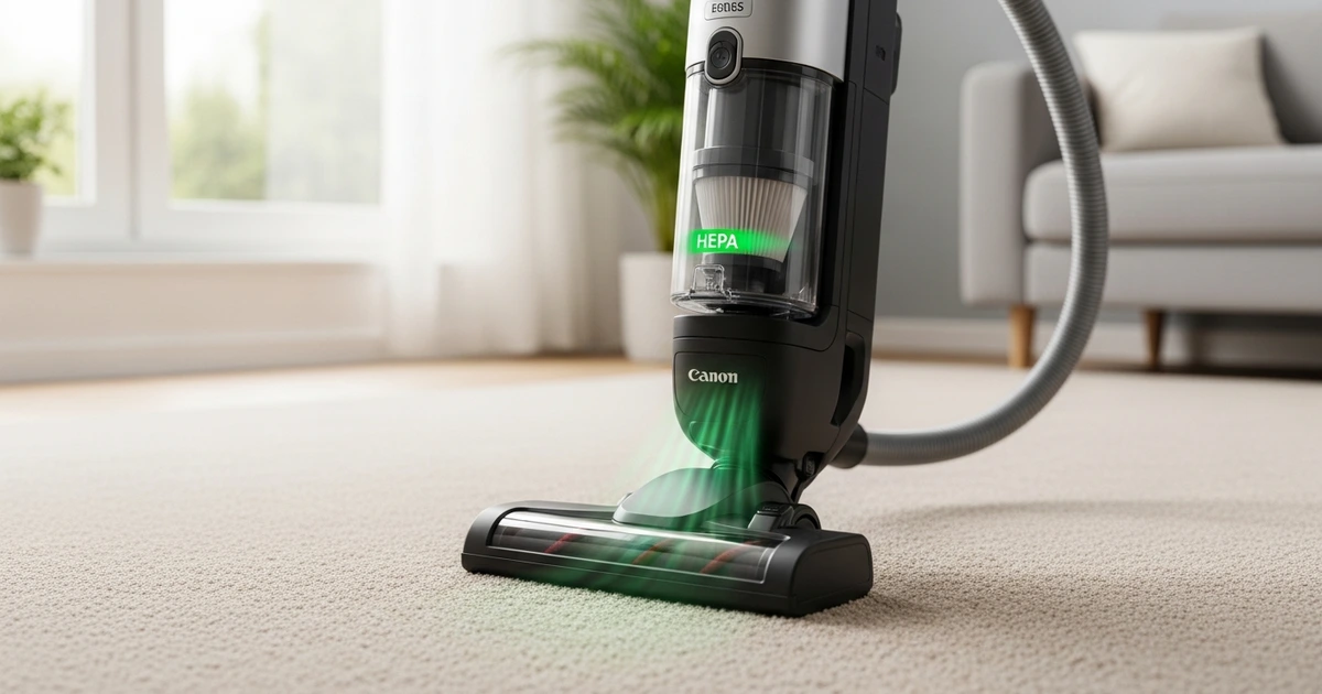 Staubsauger mit HEPA-Filter wird über einen Wohnzimmerteppich geführt – Milbenallergene werden gefiltert statt zurück in die Raumluft geblasen