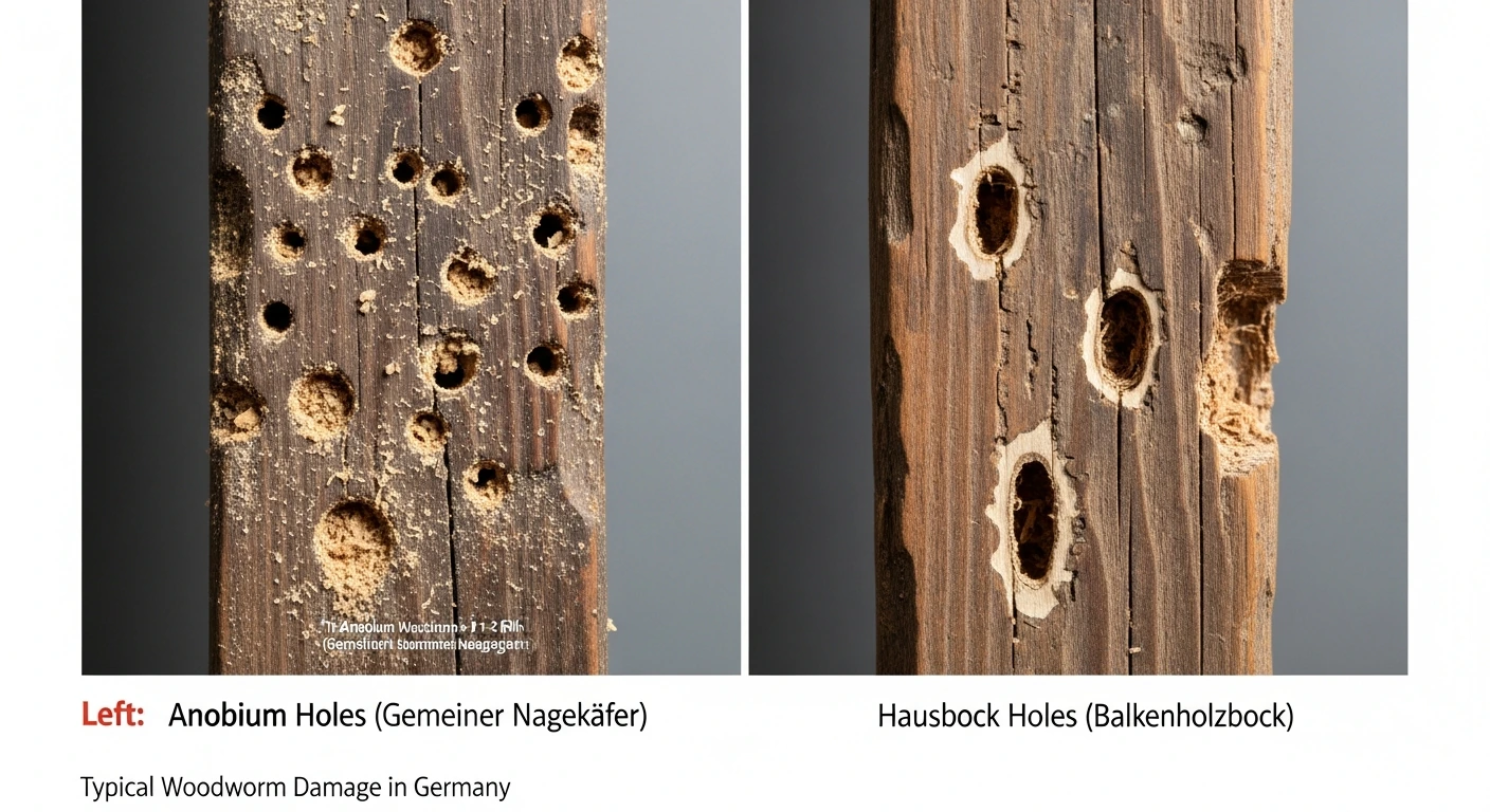Vergleich Ausfluglöcher Holzkäfer: runde Löcher des Holzwurms (links) und ovale Löcher des Hausbocks (rechts)