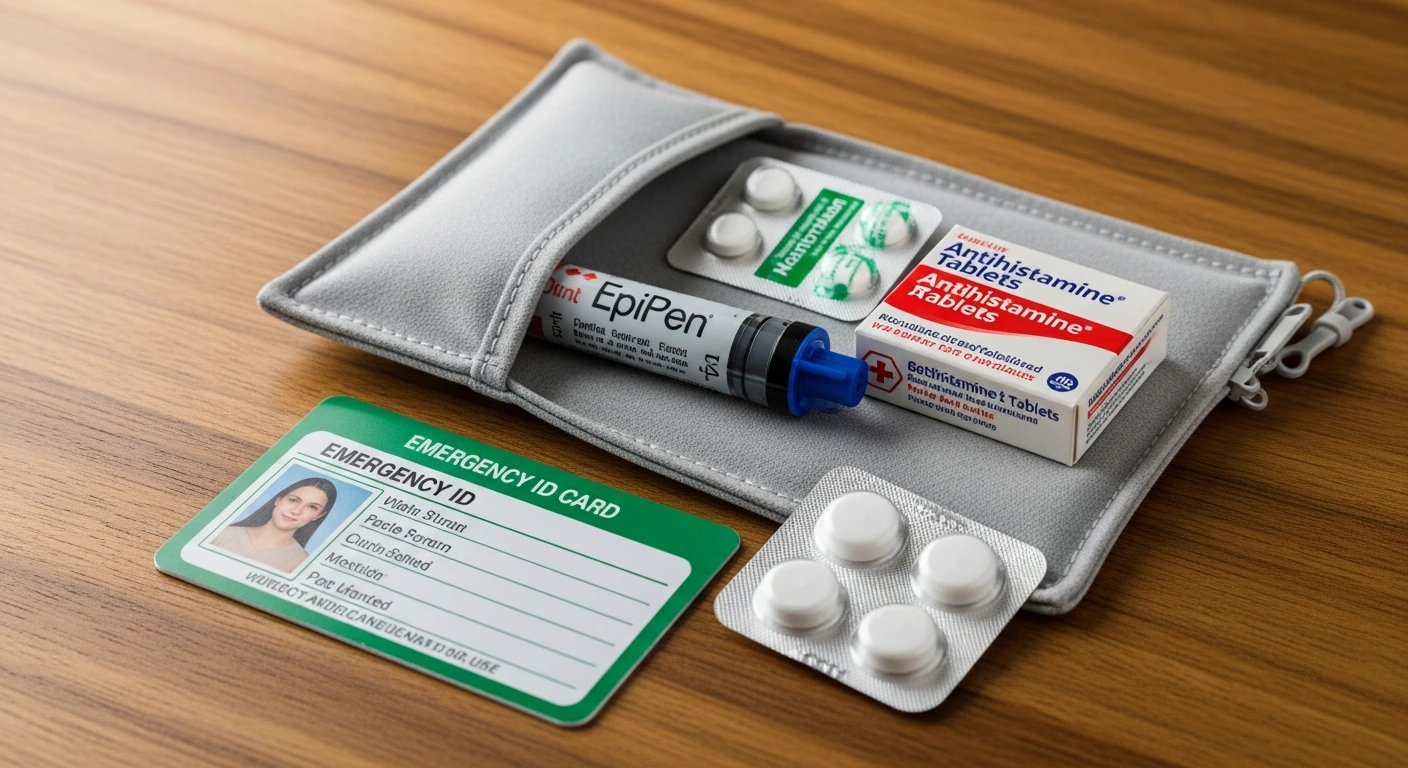 Insektengiftallergie Notfallset: EpiPen-Autoinjektor, Antihistaminikum-Tabletten und Kortison-Zäpfchen in beschrifteter Notfalltasche