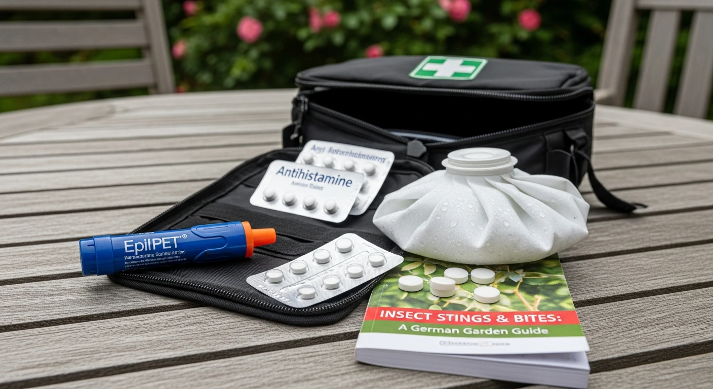 EpiPen-Adrenalin-Autoinjektor und Allergie-Notfallset auf Gartentisch – Vorbereitung für Insektengiftallergiker