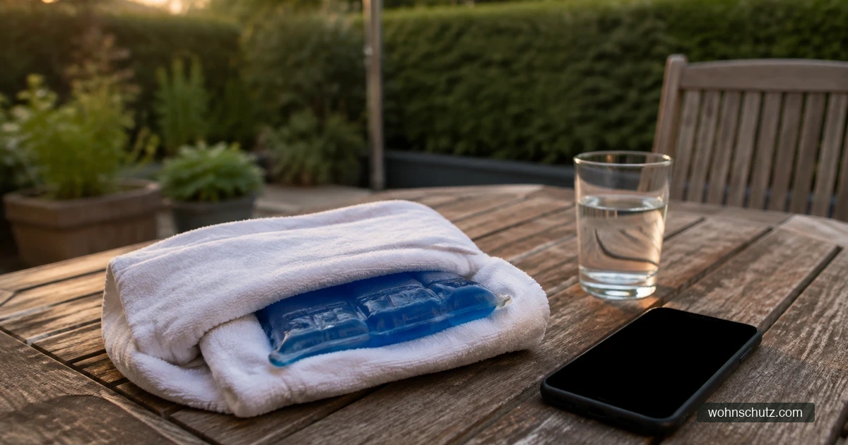Kühlpad in ein Tuch eingeschlagen, Glas Wasser und Smartphone auf einem Gartentisch – Sofortmaßnahmen nach einem Hornissenstich