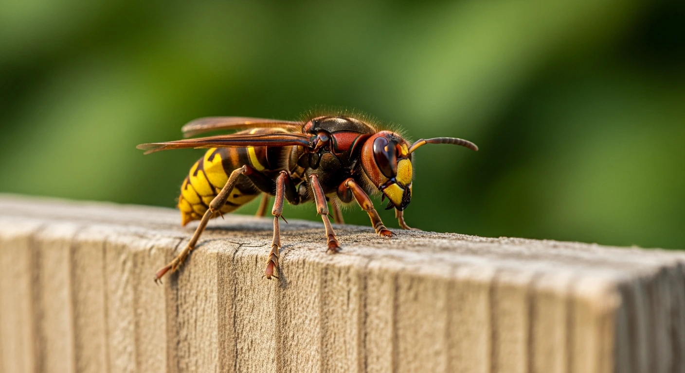 Europäische Hornisse (Vespa crabro) auf Baumrinde – rotbrauner Kopf, Körperfärbung und Nestbau erkennbar