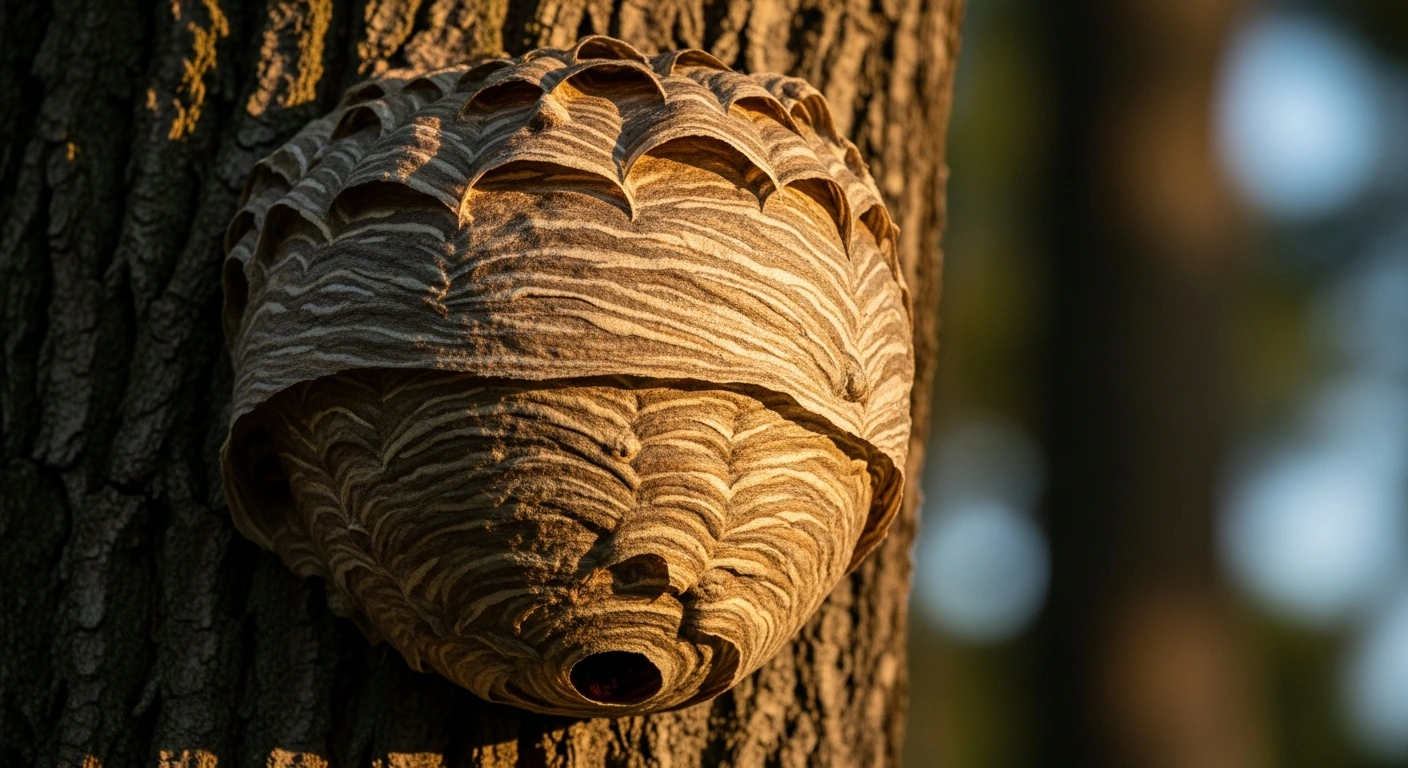 Hornissennest aus Holzfasern – kugelförmig, braun-grau, an Baumstamm befestigt