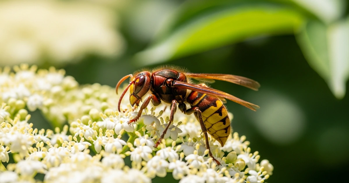 Europäische Hornisse auf einer Blüte im Garten – wichtiger Nützling und Insektenjäger