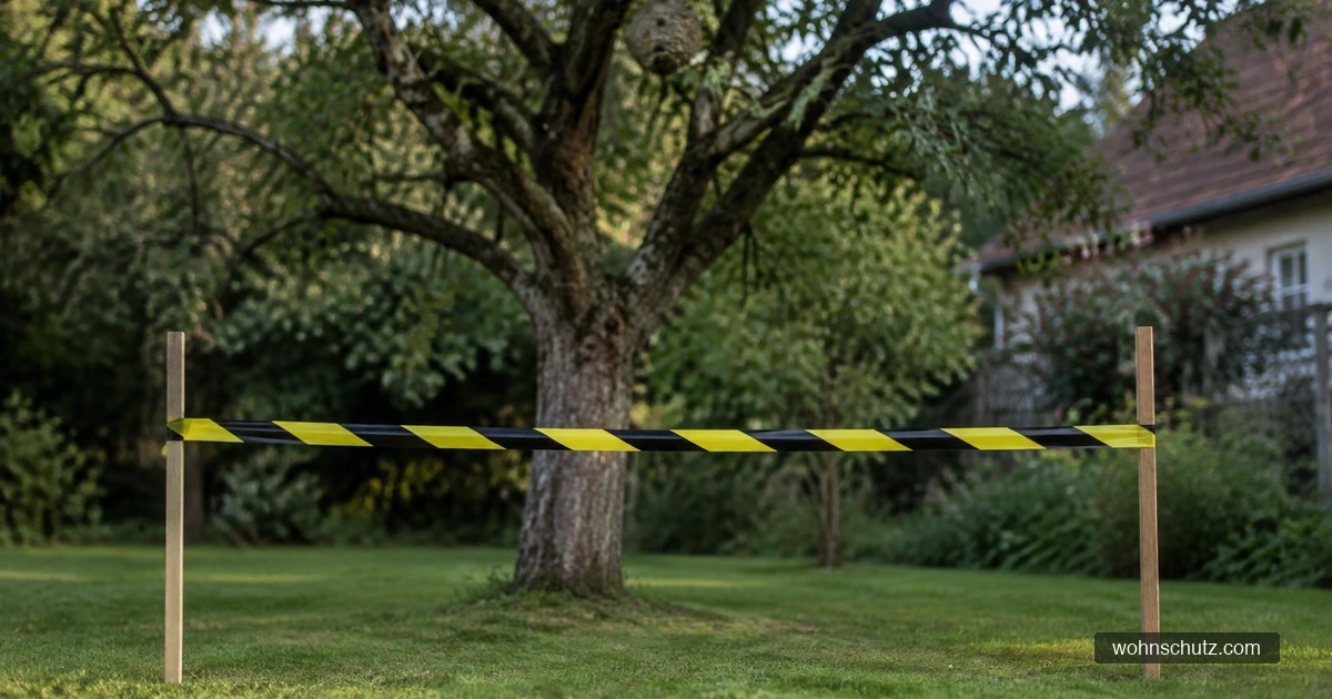 Gelb-schwarzes Absperrband zwischen zwei Pflöcken sperrt den Weg zu einem Obstbaum, in dessen Astgabel ein Hornissennest hängt