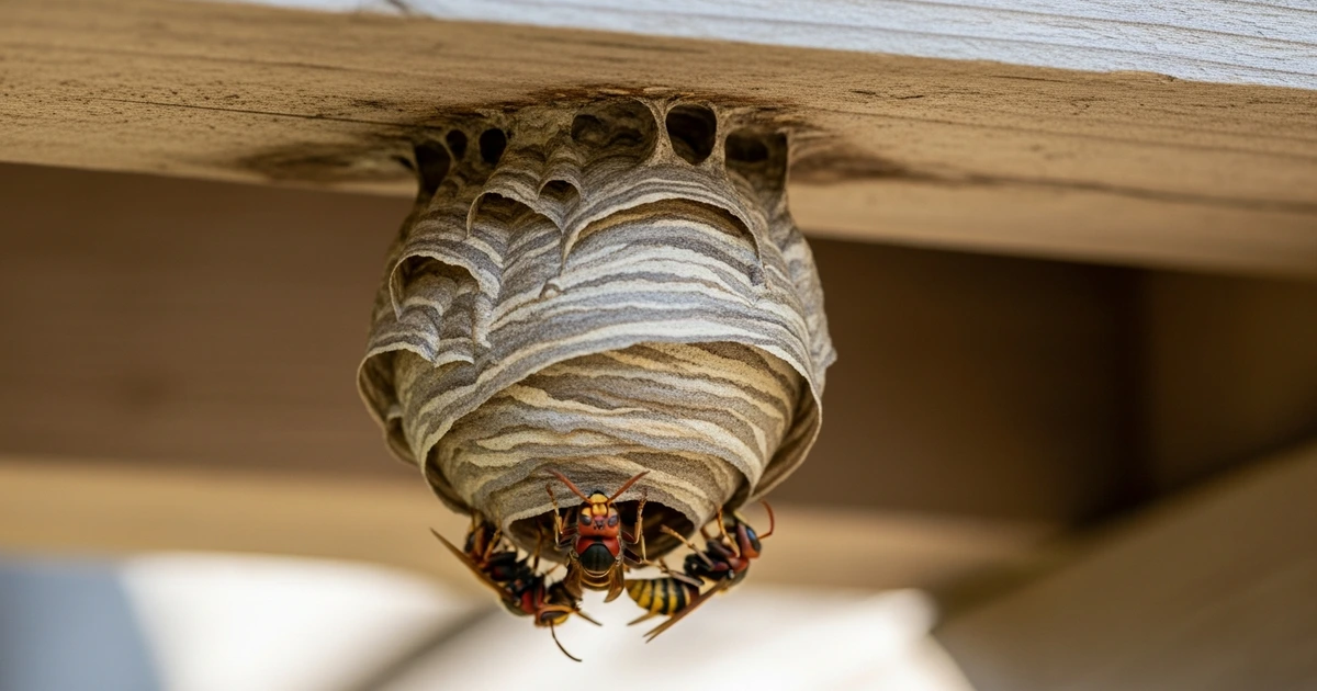 Hornissennest aus grauer Papiermasse unter einem Holzbalken im Garten – typischer Neststandort