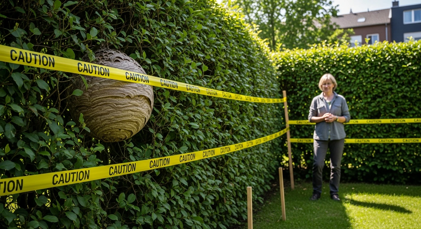 Hornissennest in Holzbalken im Garten – Sicherheitsabstand markiert mit Absperrband