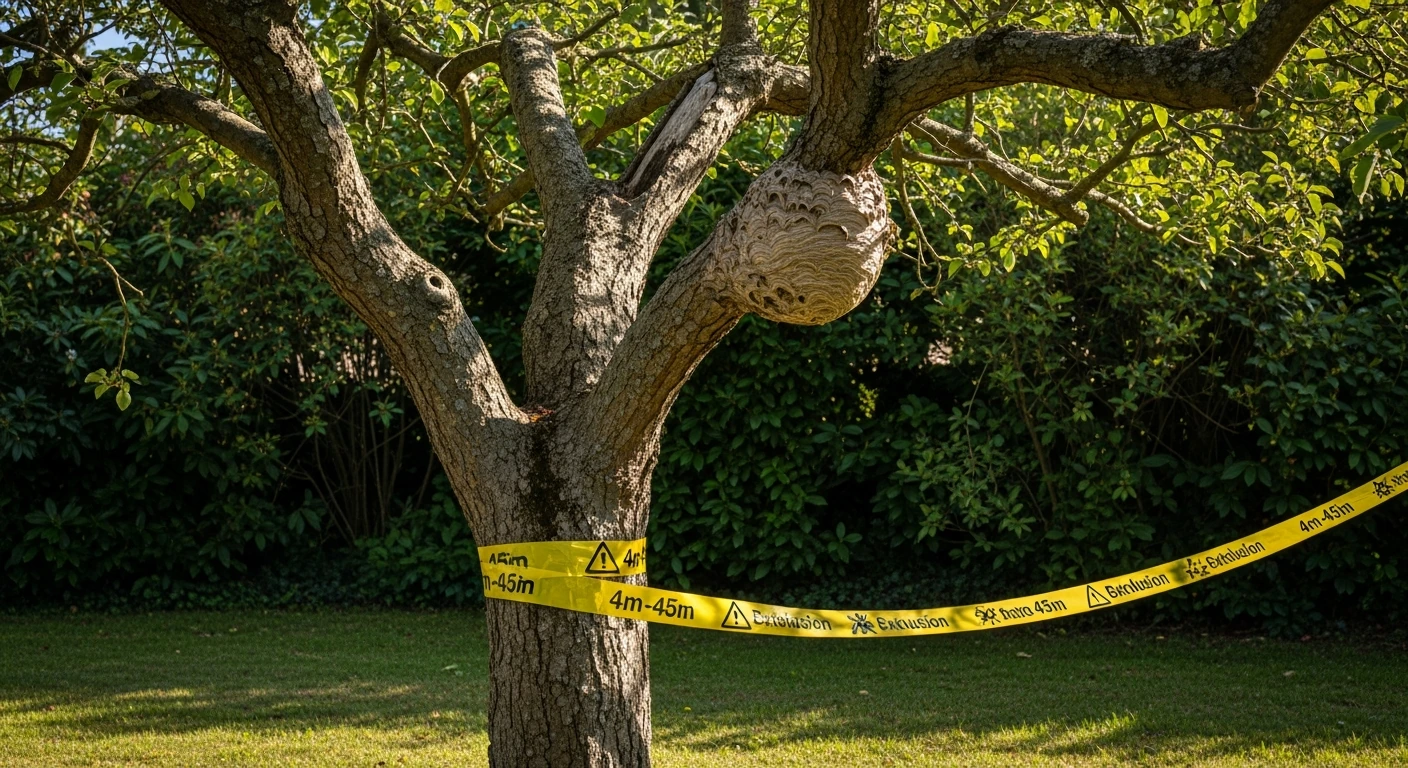 Absperrband markiert den Sicherheitsabstand um ein Hornissennest in einem Gartenschuppen