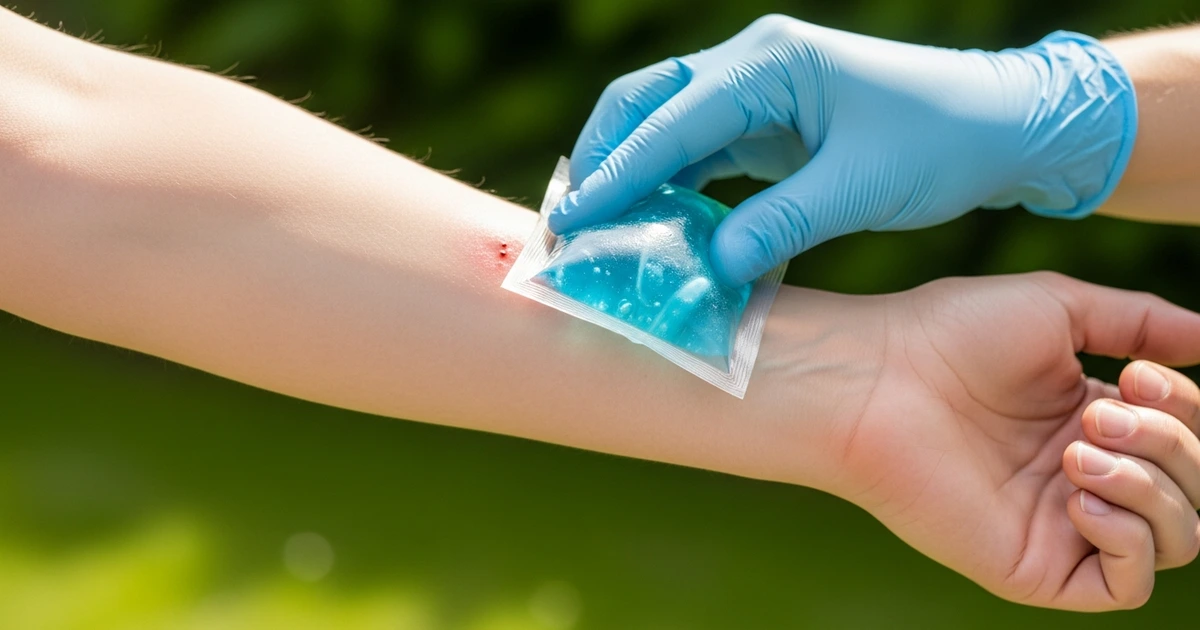 Hornissenstich Erste Hilfe – Kühlpad auf Stichstelle und After-Bite-Gel im Garten