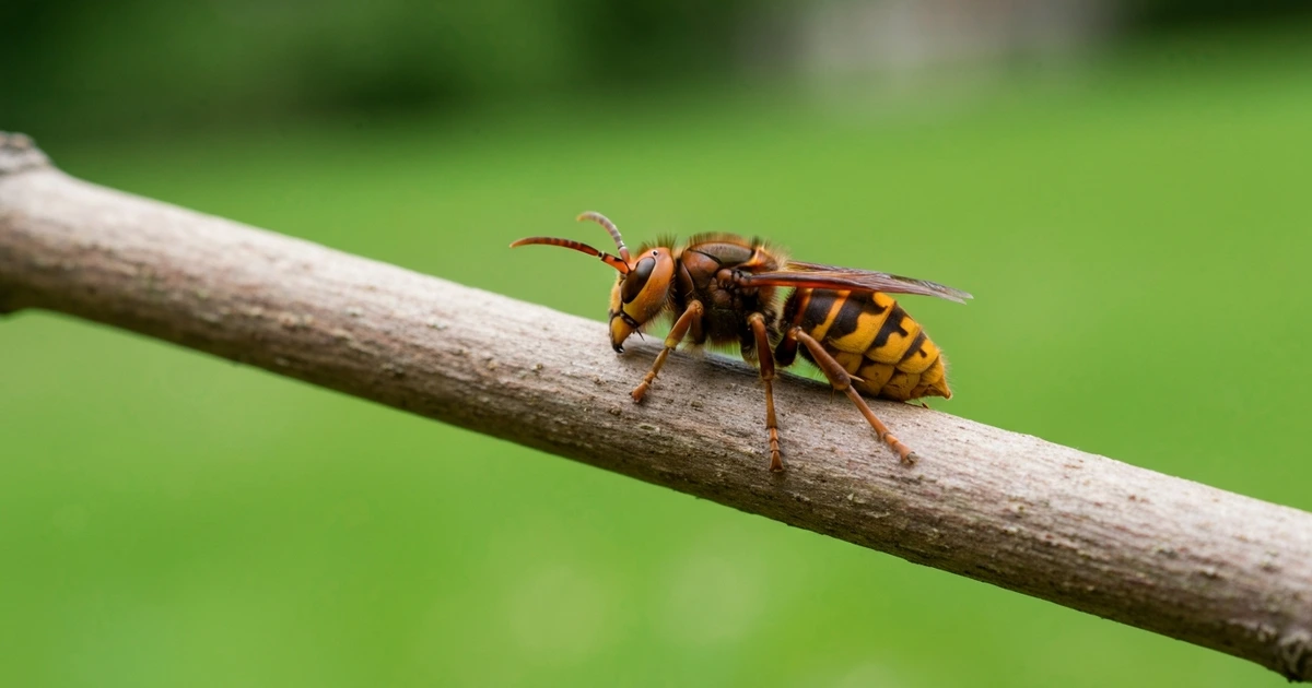 Europäische Hornisse (Vespa crabro) auf Ast im Garten – geschützte Tierart in Deutschland