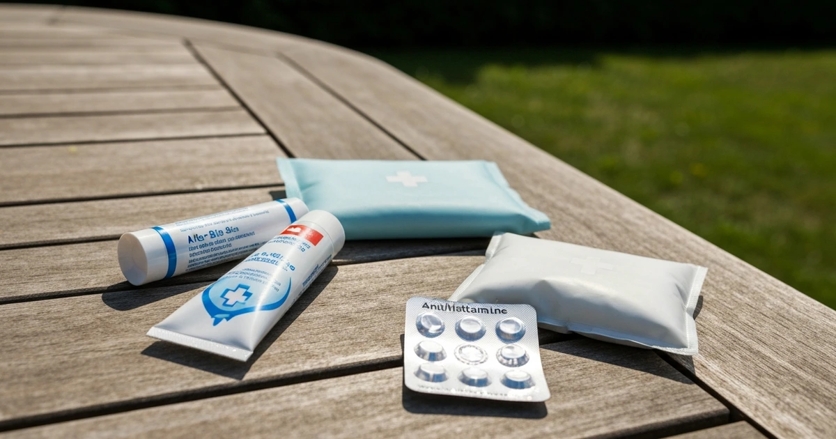 Erste-Hilfe-Set bei Insektenstich: After-Bite-Gel, Kühlpad und Antihistaminika-Tabletten auf Holztisch