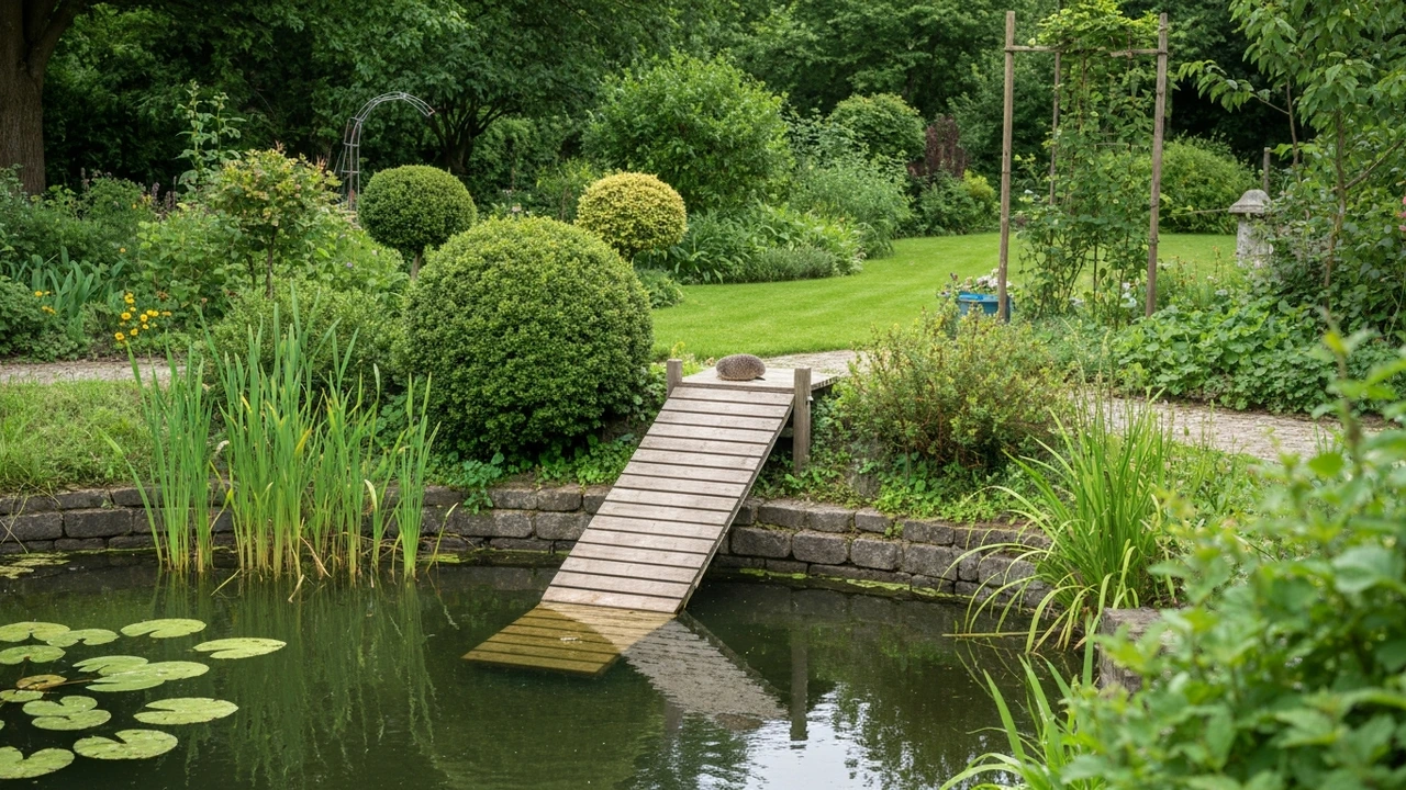 Gartenteich mit Rampe als Ausstiegshilfe für Igel – igelfreundliche Gestaltung