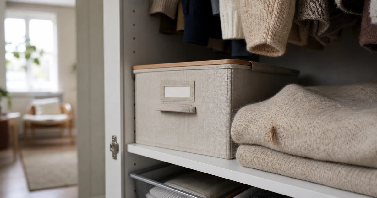 Kleidermotte an einem Wollpullover im Kleiderschrank – Früherkennung im Frühjahr wichtig
