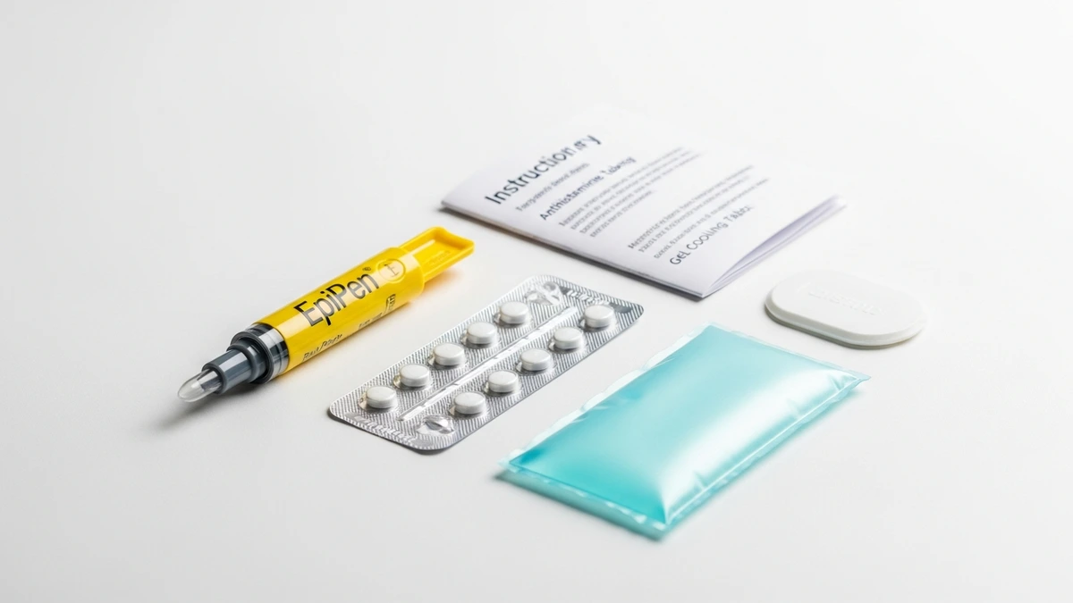 Insektenallergie-Notfallset mit EpiPen-Autoinjektor, Antihistaminikum-Tabletten und Kühlpad auf weißem Hintergrund