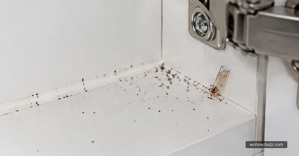 Kotkrümel und dunkle Schmierflecken in der Ecke eines Küchenschranks neben dem Scharnier, daneben eine leere Häutungshülle