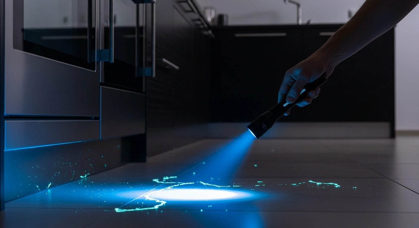 UV-Taschenlampe beleuchtet Kakerlaken-Spuren in der Küche – Fluoreszenzkontrolle für Ootheken