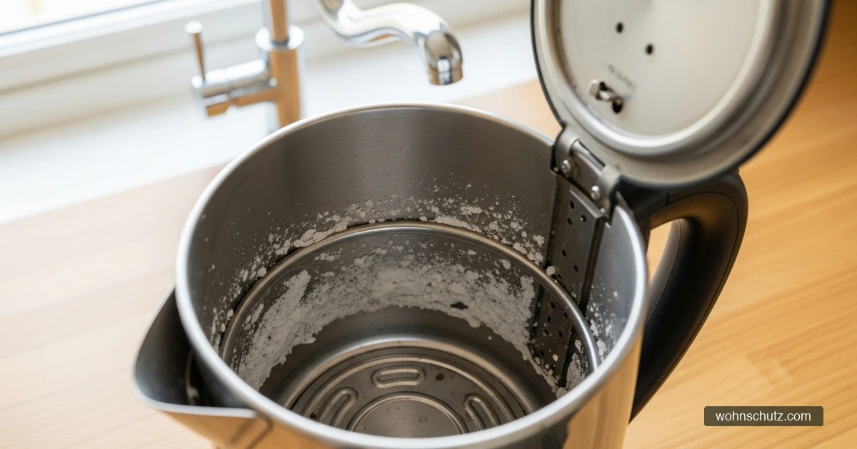 Dicker weißer Kalkrand im Inneren eines Wasserkochers – typische Ablagerung bei hartem Leitungswasser