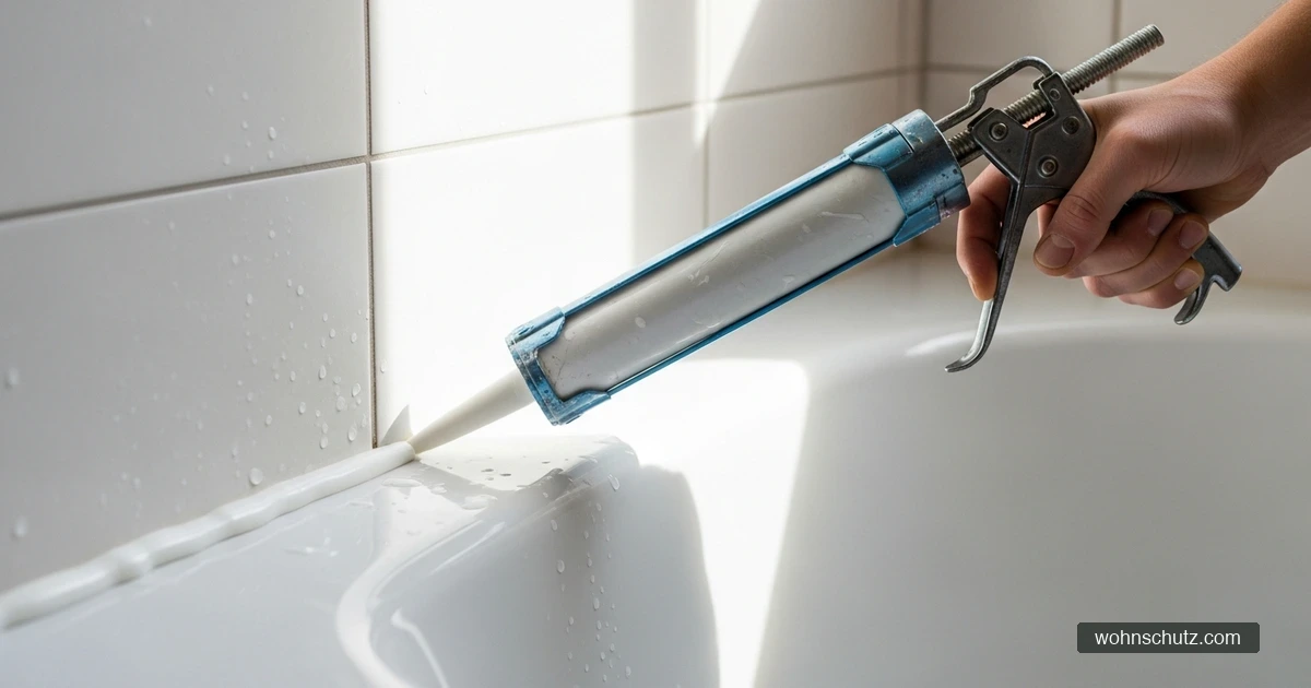 Hand mit Kartuschenpistole erneuert weiße Silikonfuge zwischen Badewanne und Wandfliese