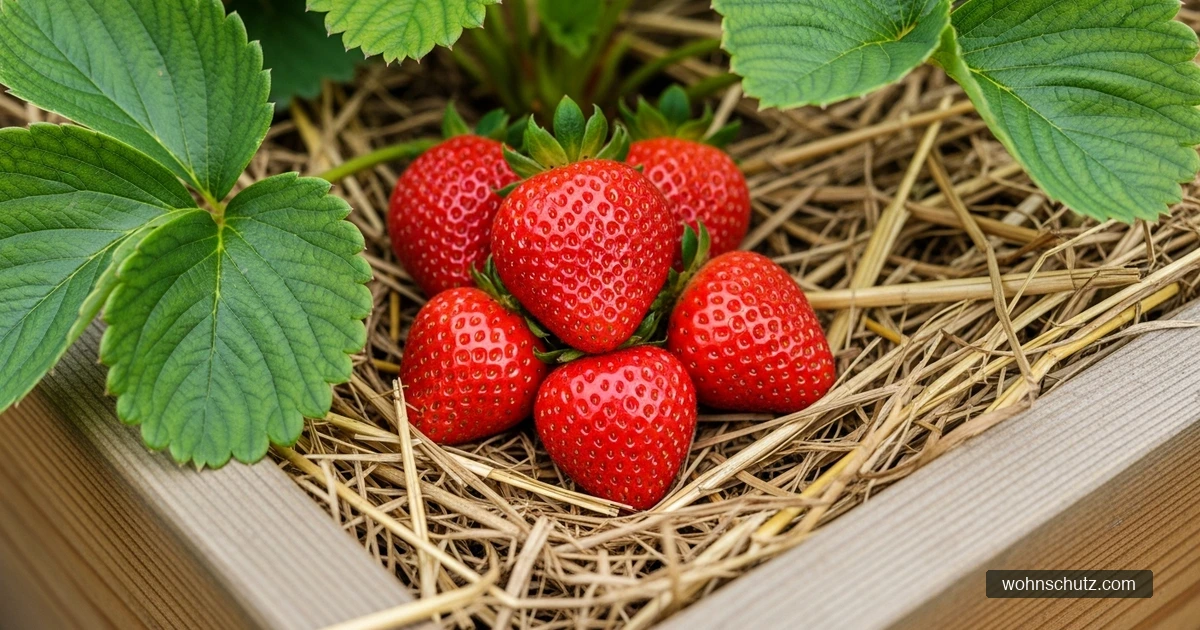 Reife rote Erdbeeren auf trockenem Stroh im Hochbeet