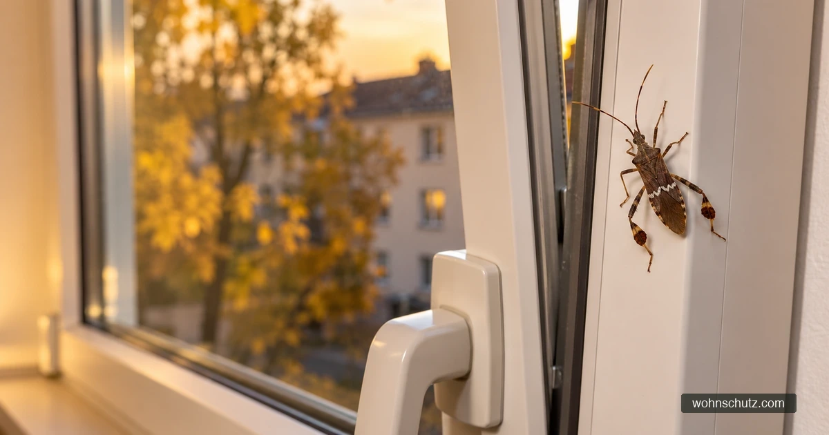Amerikanische Kiefernwanze sitzt abends innen am Rahmen eines gekippten Kunststofffensters, draußen gelbes Herbstlaub